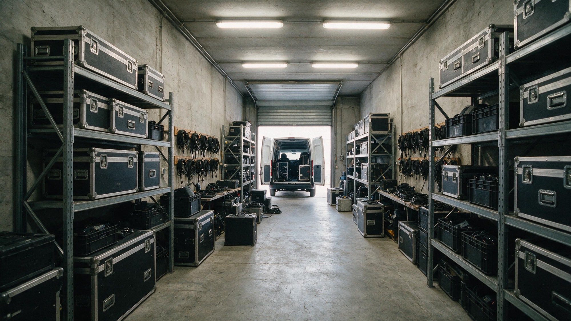 Interno di un magazzino di noleggio con flight case impilati