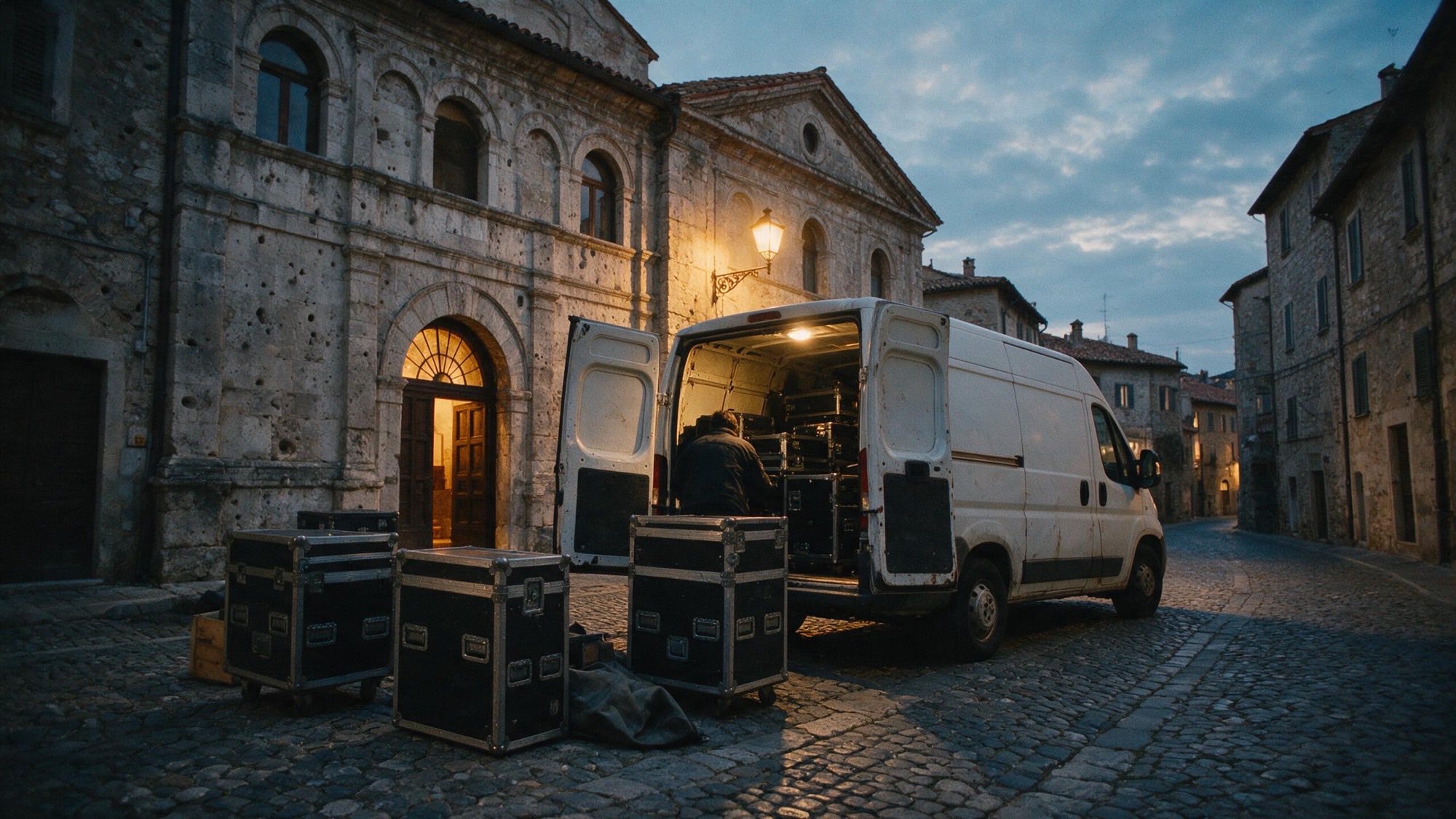 Carico di flight case sul furgone, di sera, davanti a un teatro