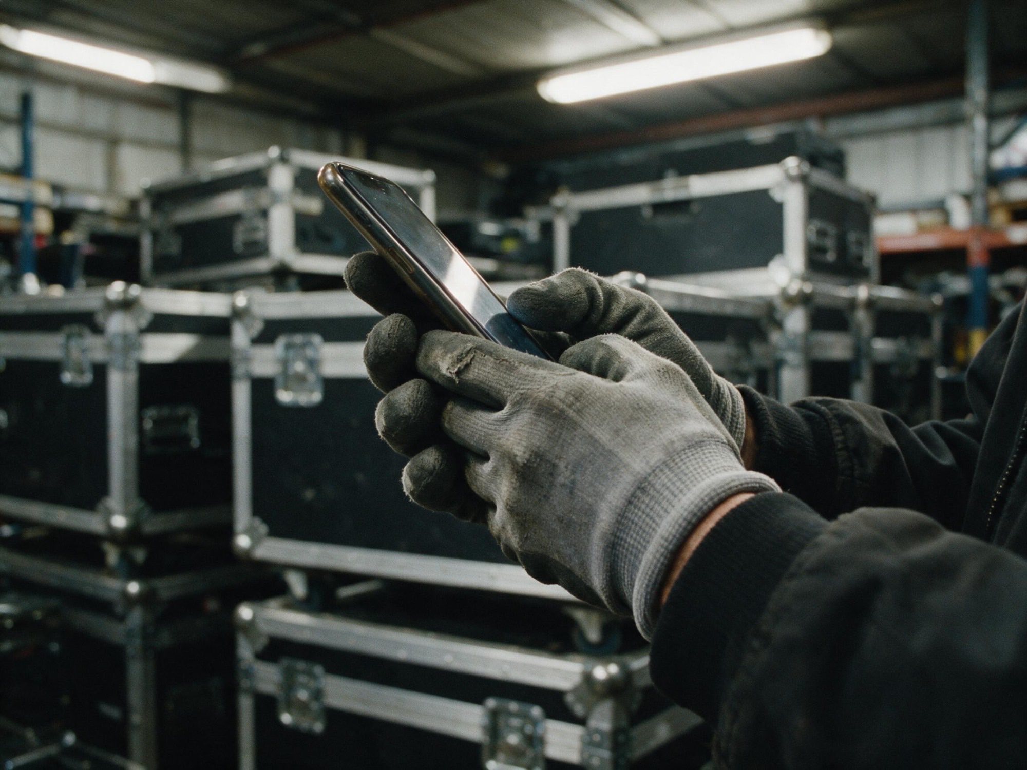 Mani con i guanti da lavoro tengono un telefono, in mezzo ai flight case del magazzino
